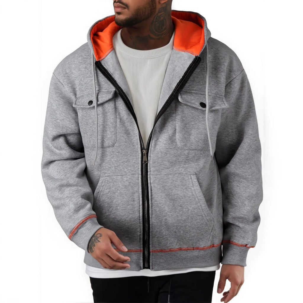 Men's plus size zipper sweater with wool lining, loose fit, long sleeve, available in five colours.