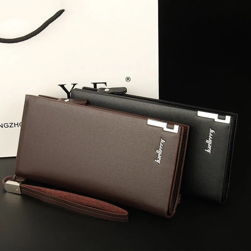 Men's black PU leather wallet with multifunctional zipper closure showing waterproof construction