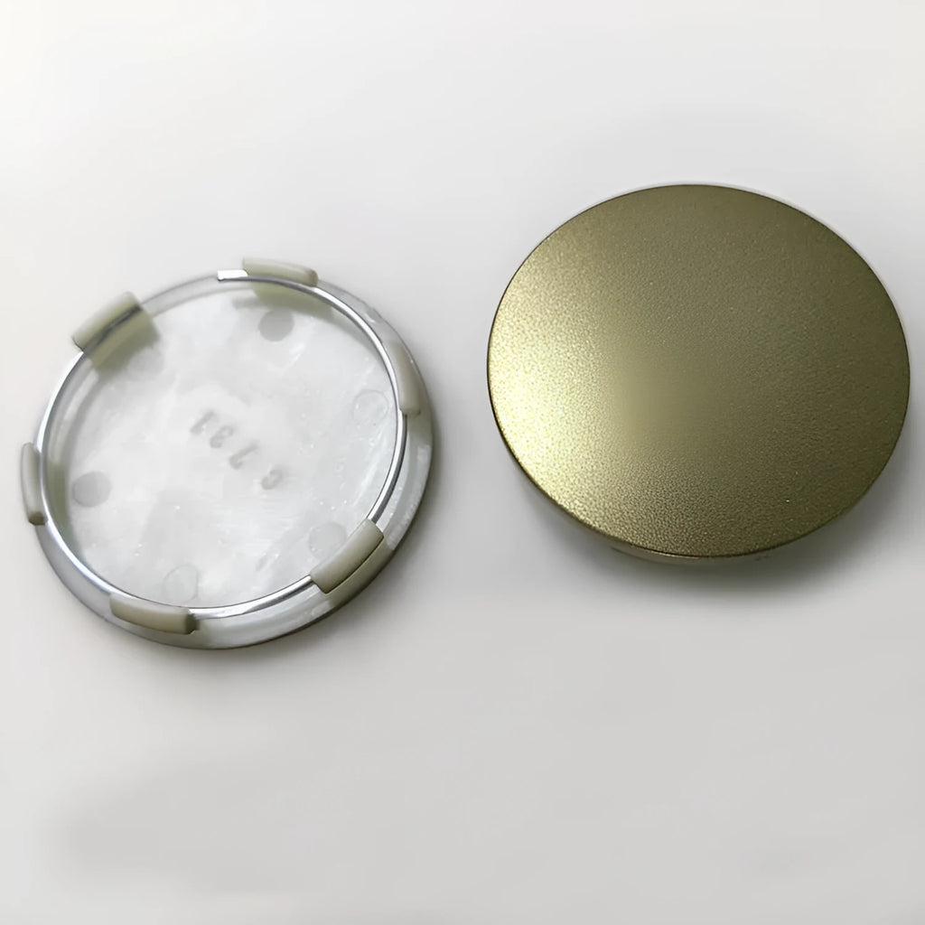 65mm diameter ABS plastic car hub centre cover in antique copper finish with aluminium label.