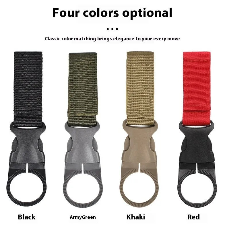 Nylon water bottle hanging buckle with webbing strap, 55g, in black, army green, khaki, or red