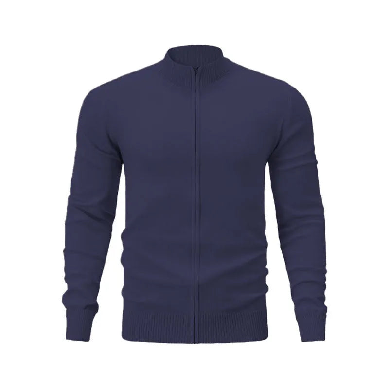 Cotton stand collar zip-front casual sweater in loose fit design