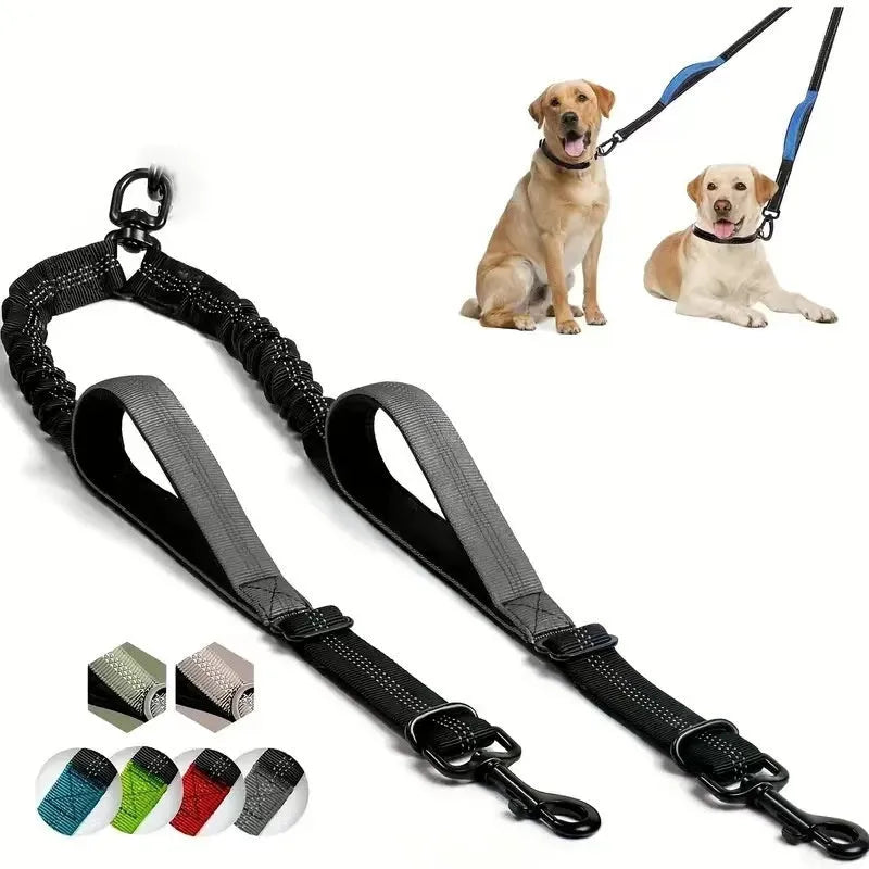 Hand-holding nylon dog rope for two large dogs, stretching double head and waist belt, available in multiple colours