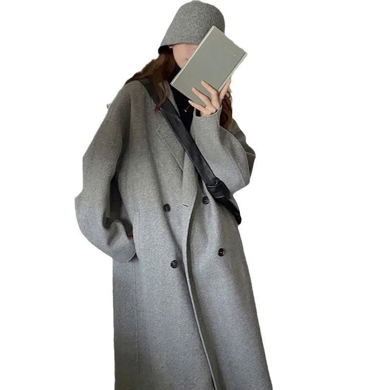 Retro patchwork women's wool coat in oatmeal colour, knee-length, loose fit, long sleeves