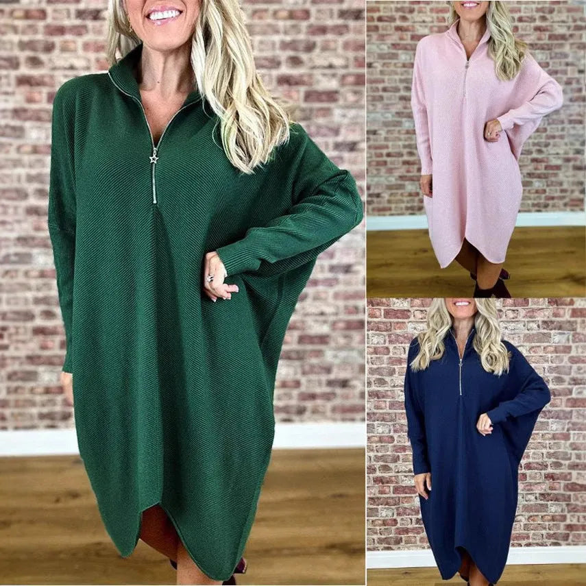 Women's solid colour knitted loose dress with zip front and raglan sleeves