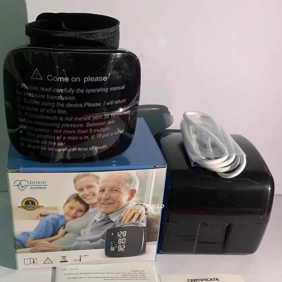 Black wrist blood pressure monitor with USB rechargeable port and multilingual voice guidance options