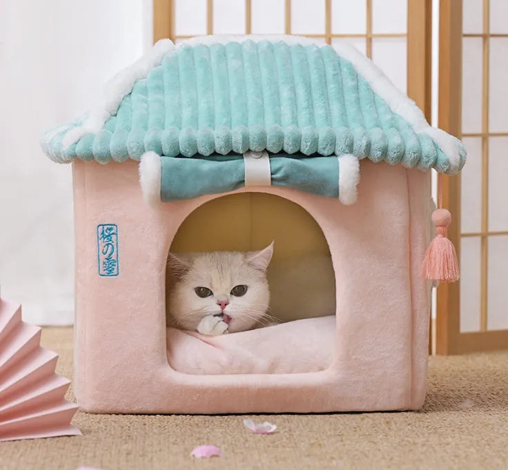 Enclosed cat house villa S size 38x33x41cm with removable washable bed, Tibetan blue curtain option