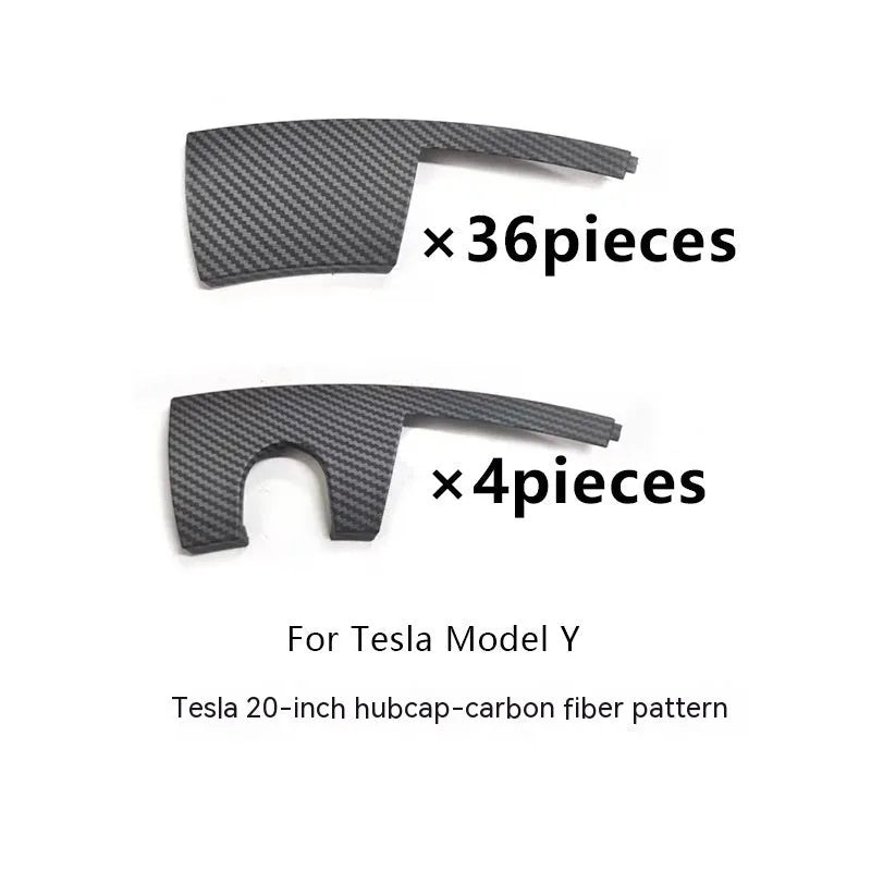 Tesla Model Y plastic wheel hub cover set in multiple colour options including carbon fiber pattern