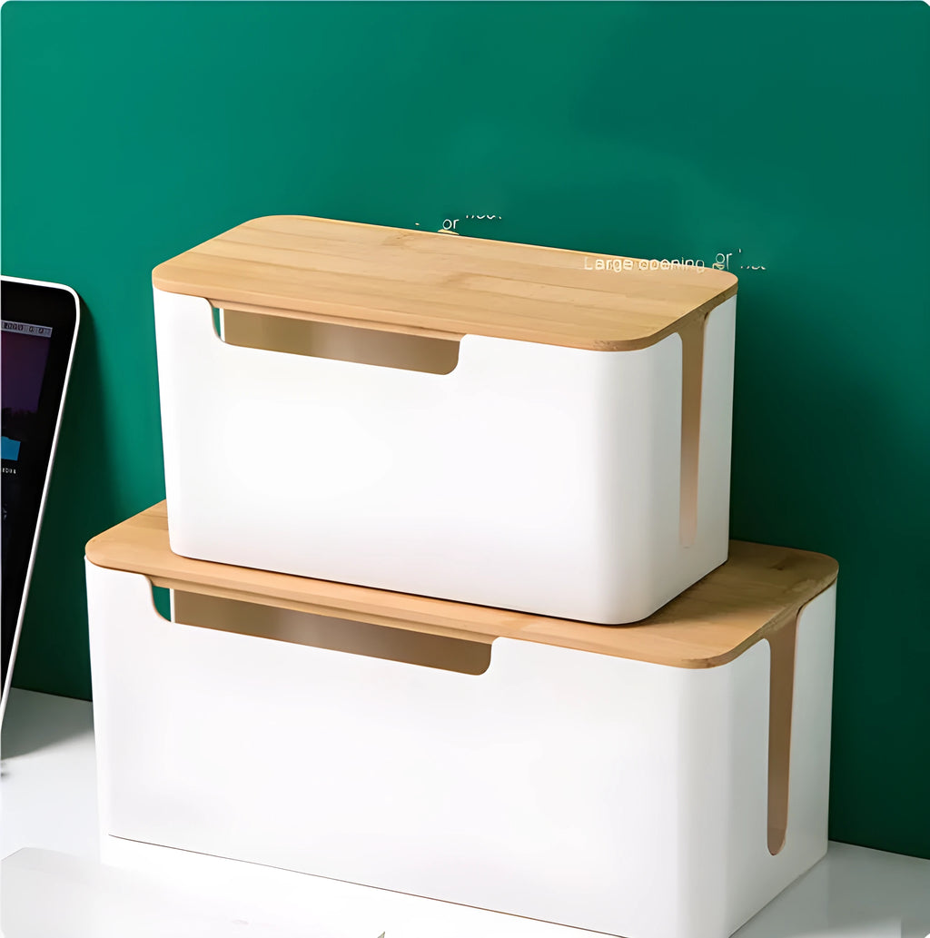 Plastic cable storage box in bamboo set colour with medium style for power strip and wire organisation