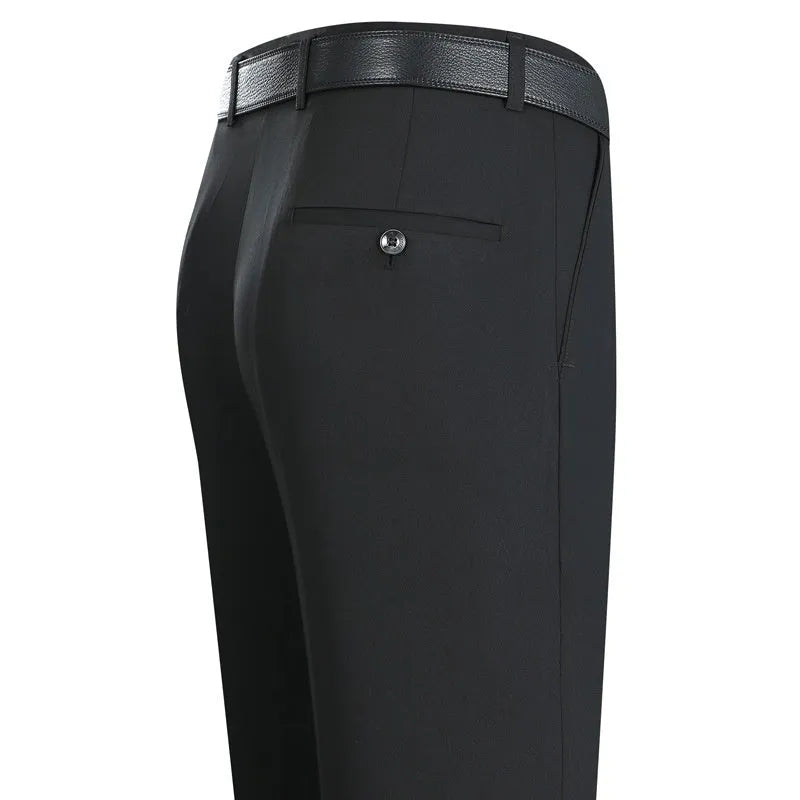 Man's straight-leg high-waisted business trousers in a mulberry silk blend fabric.
