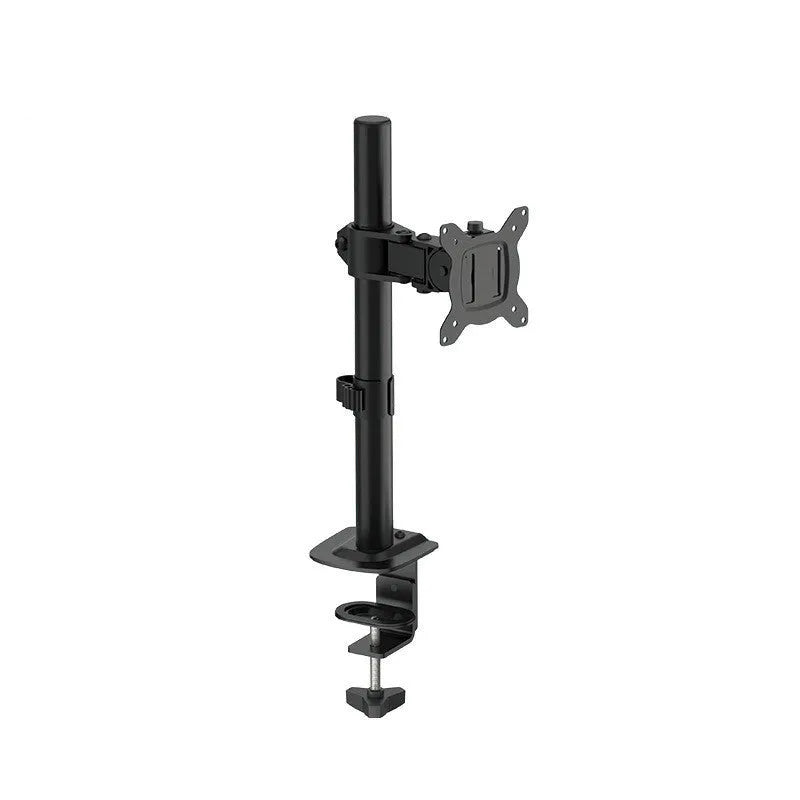 Steel computer monitor lifting rotating bracket arm supporting a screen on a desk