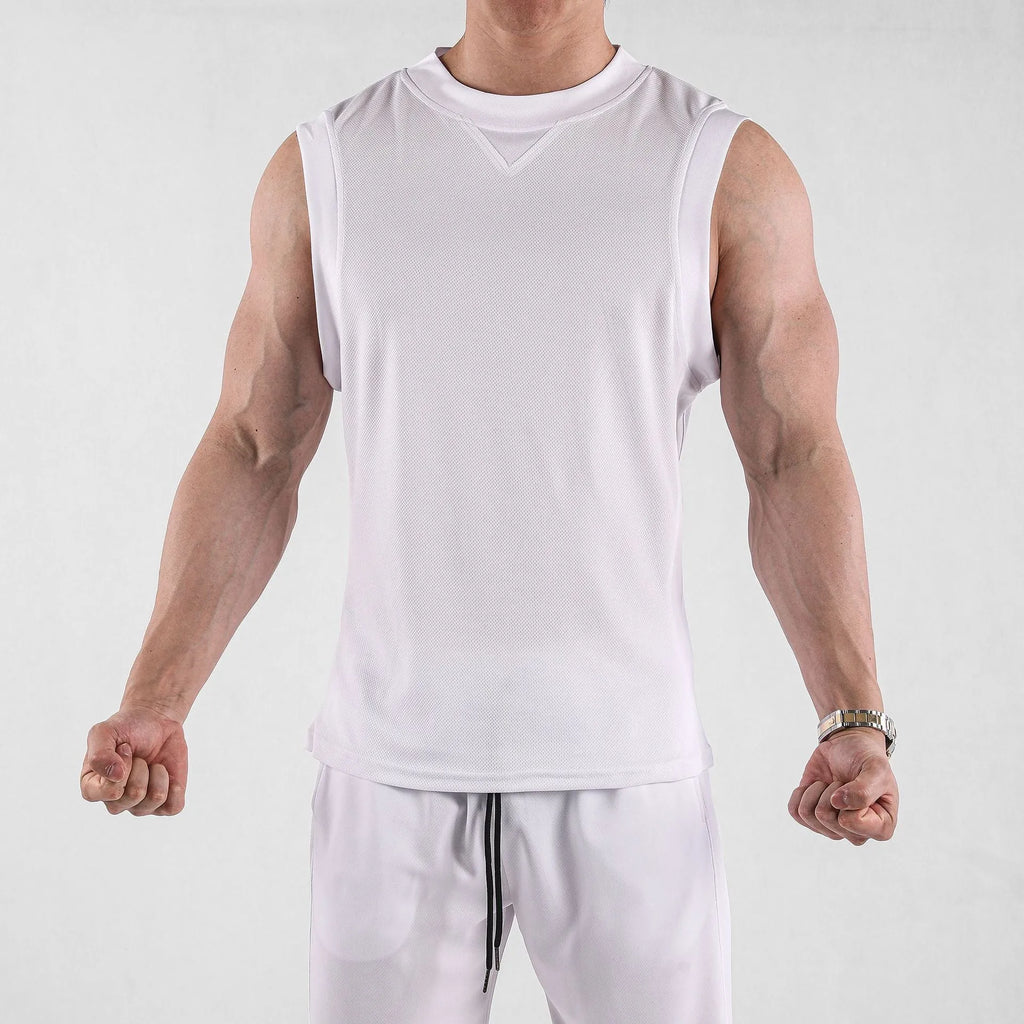 Men's loose black fitness vest made from quick-dry polyester blend fabric for summer sports.