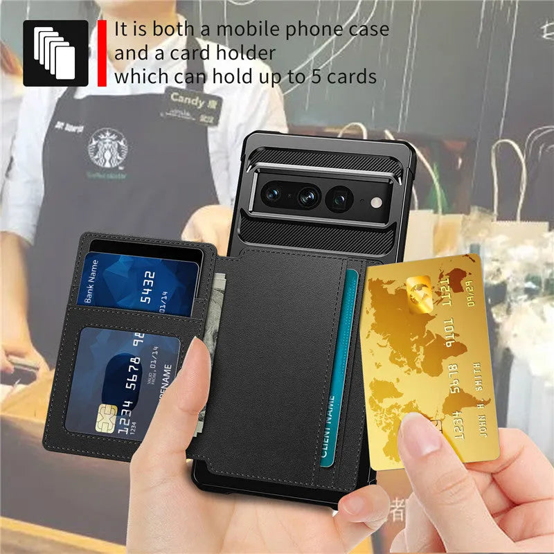 Google Pixel 7 card holder wallet case with magnetic closure in black, blue, cyan, purple, red, rose gold