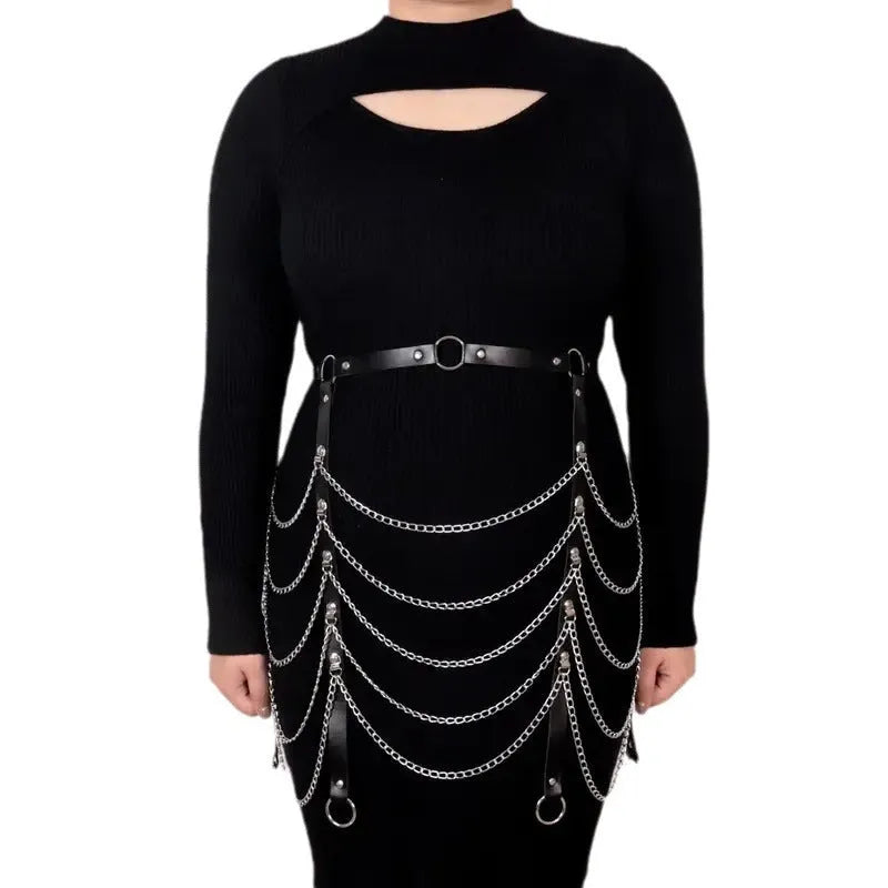 Black PU leather waist chain ornament with bandage-style binding design and adjustable chain