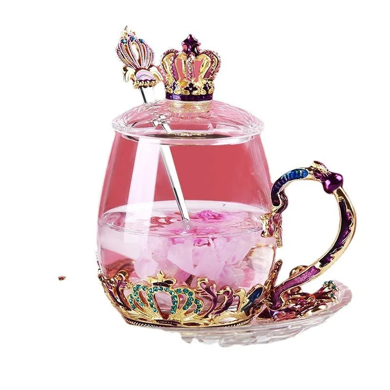 Round heat-resistant glass tea cup with enamel spoon, lid and saucer in 301-400ml capacity