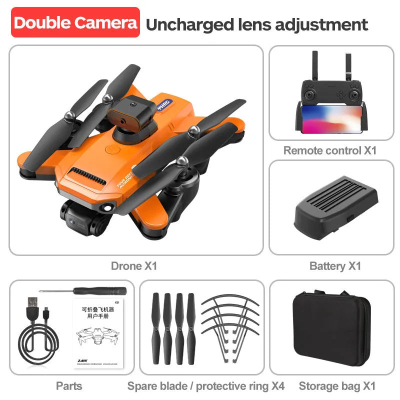 Black quadcopter drone with 8K electric modulation lens and transparent propeller guards against white background
