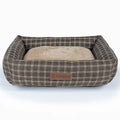 Square grey linen dog bed for a medium-sized dog.