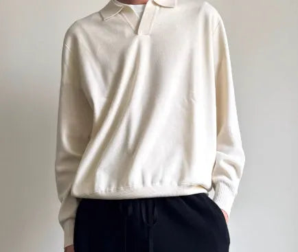 Men's pure wool polo sweater with lapel collar in milky white or navy blue