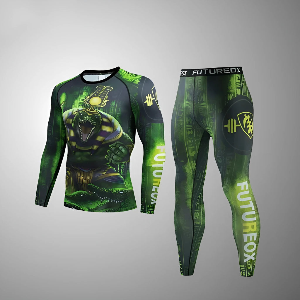 Men's slim-fit printed sports suit with long sleeves, showing top and trousers