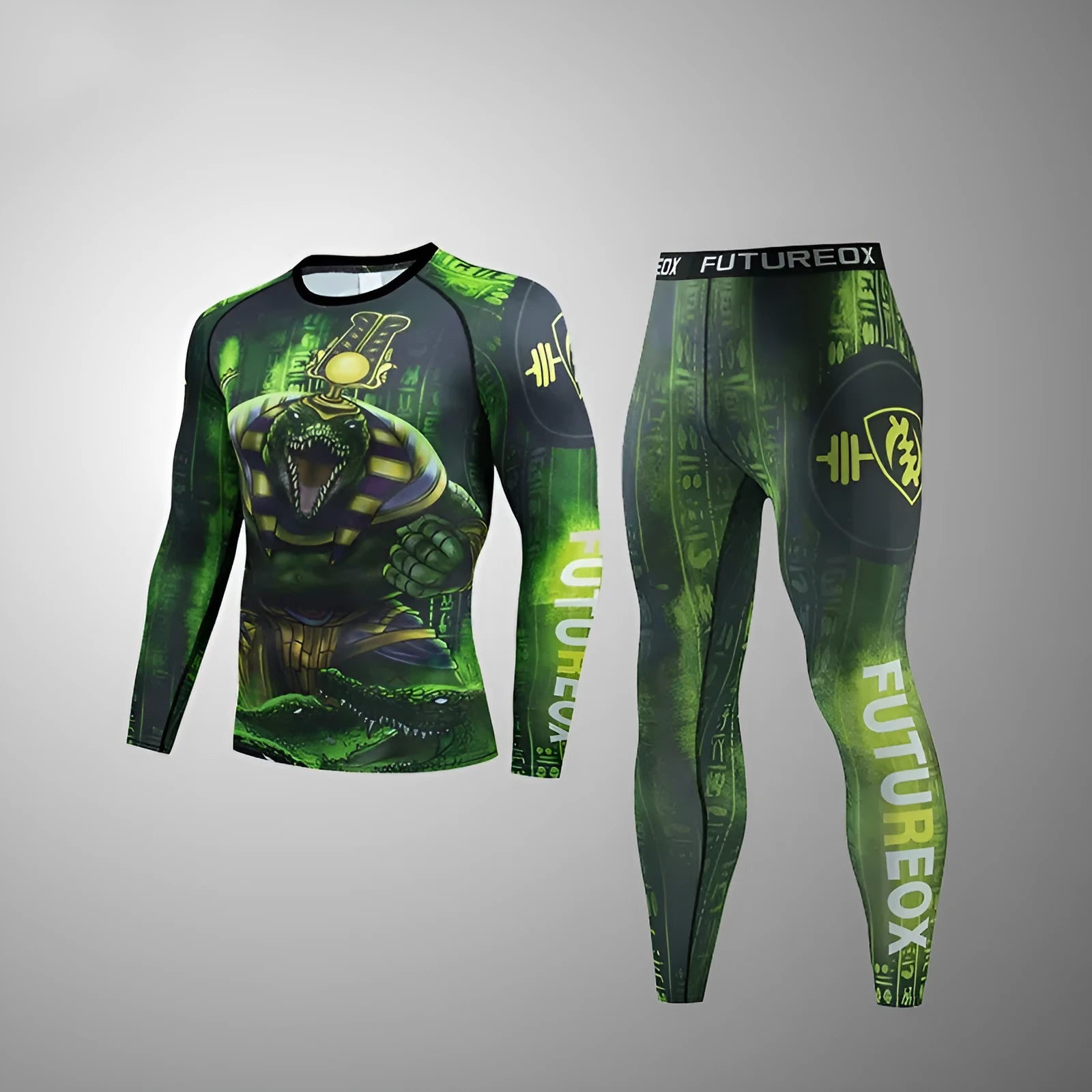 Men's slim-fit printed sports suit with long sleeves, showing top and trousers
