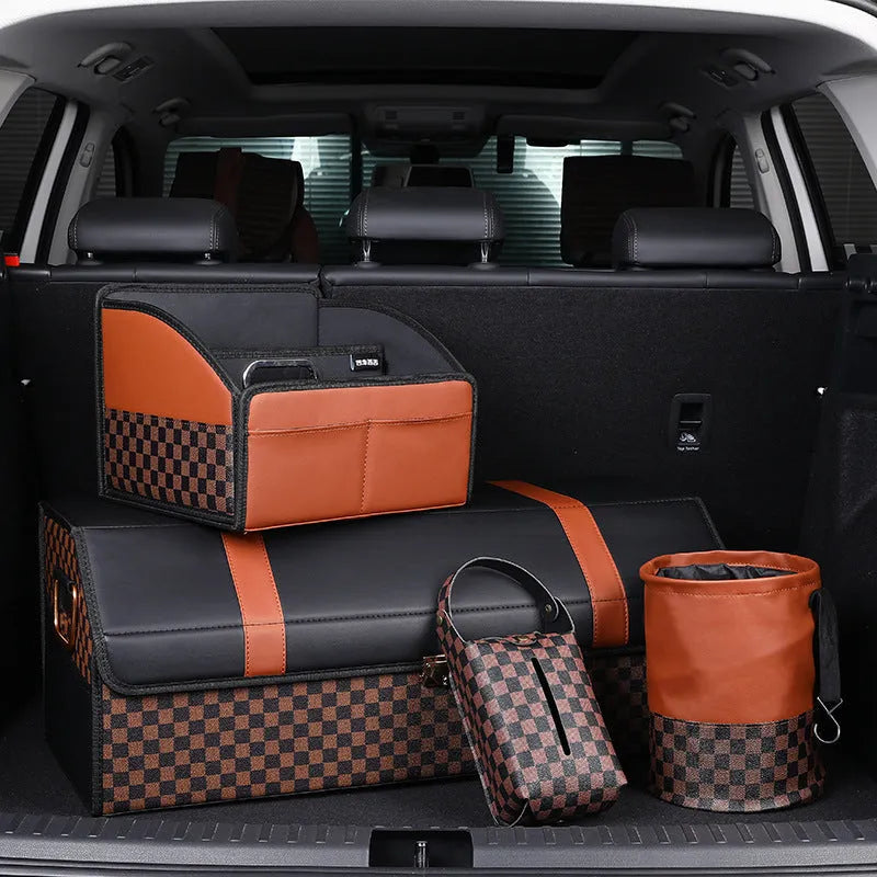 Brown retractable leather trash can for car interior use, shown with handle.