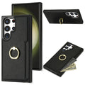 Litchi pattern fastened ring card wallet phone case for Samsung with shockproof frosted TPU PU finish, black colour