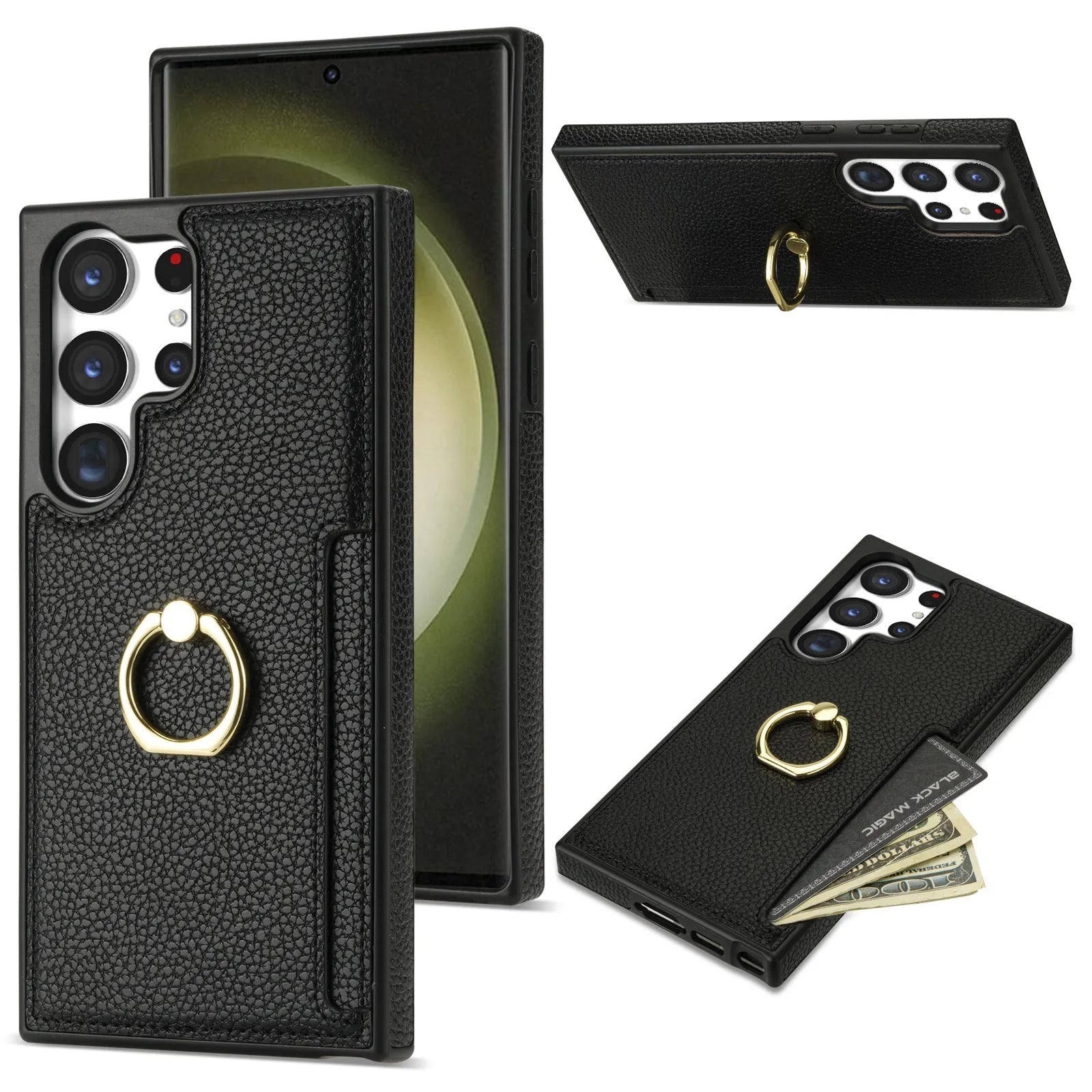 Litchi pattern fastened ring card wallet phone case for Samsung with shockproof frosted TPU PU finish, black colour