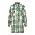 Women's lapel plaid long sleeve shirt jacket in blue with pockets, casual cardigan coat