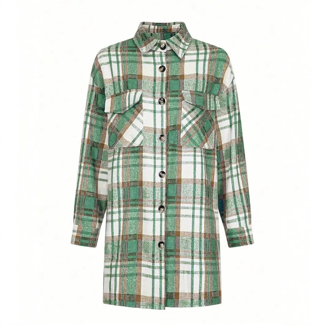 Women's lapel plaid long sleeve shirt jacket in blue with pockets, casual cardigan coat
