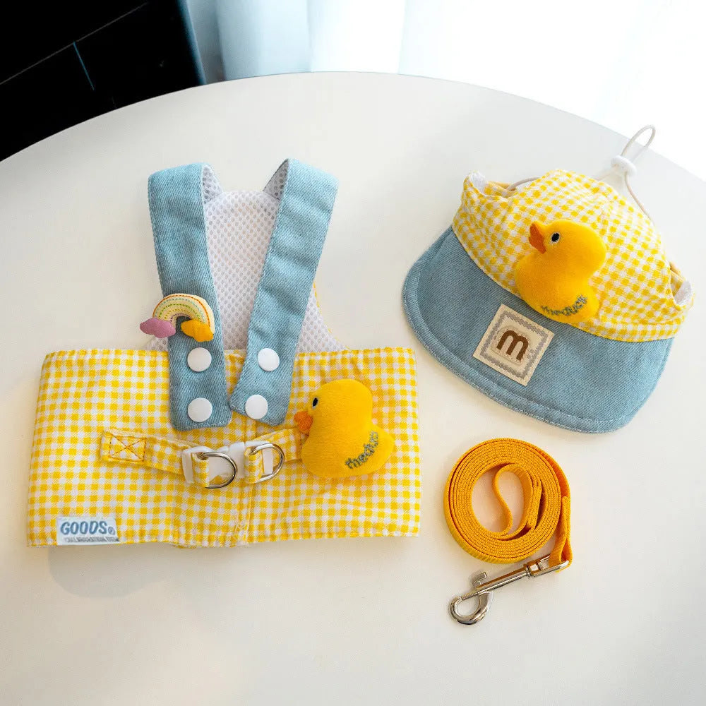 Three-piece cat harness and leash set with a wire rope pulling toy and a cute hat.