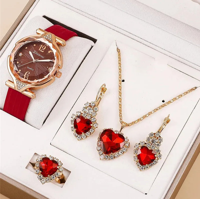 Red 6-piece ladies watch set with quartz electronic movement, plastic strap, and round 18mm dial