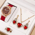 Red 6-piece ladies watch set with quartz electronic movement, plastic strap, and round 18mm dial