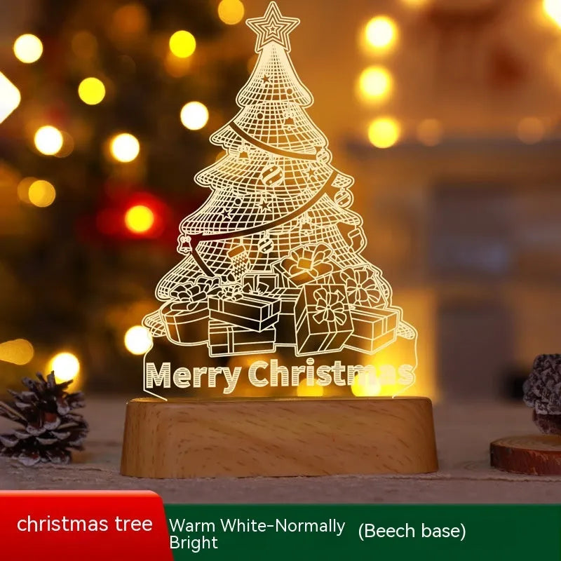 3D acrylic Christmas LED decorative night light showing a choice of festive designs like trees and reindeer.