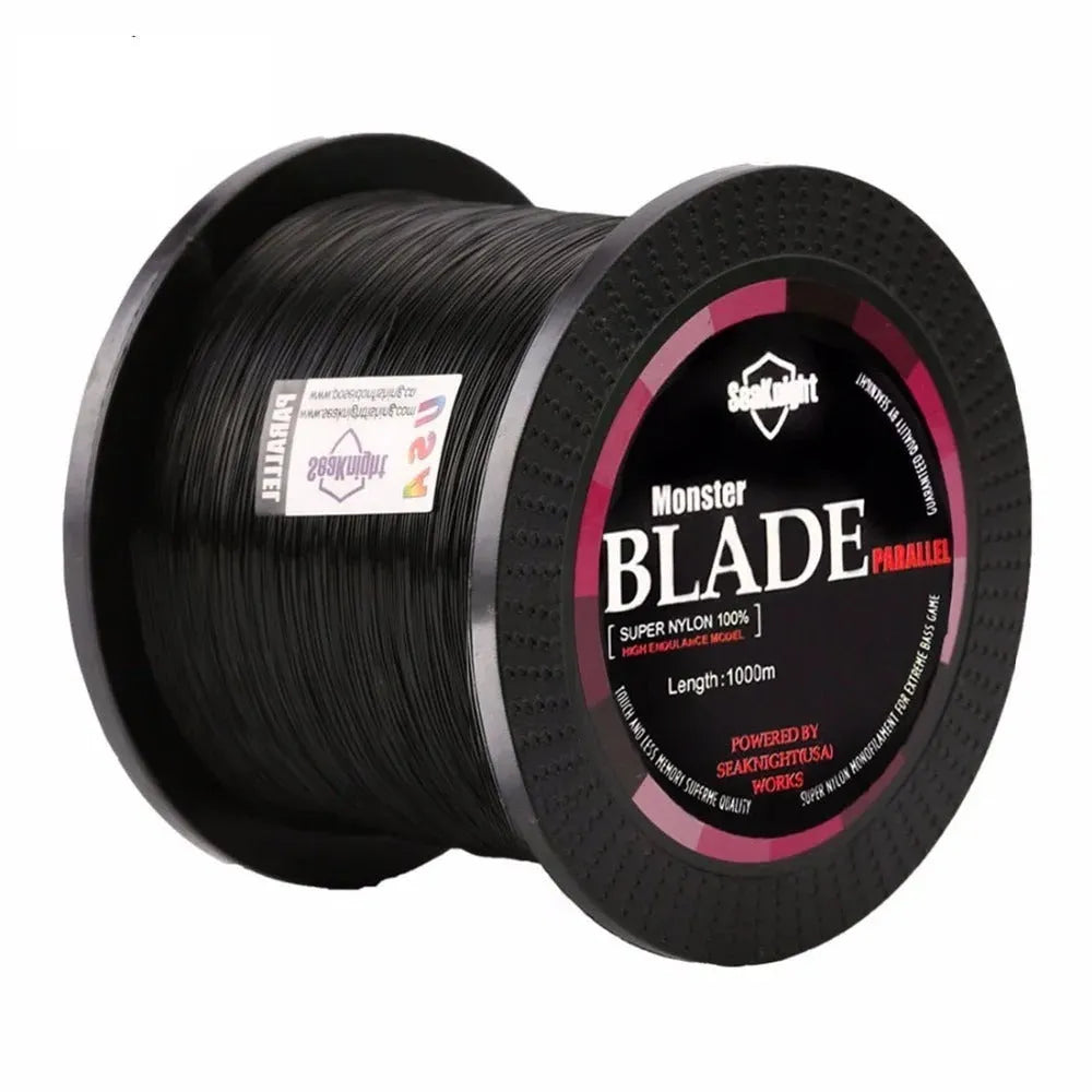 Roll of Seaknight1000 M nylon fishing line showing available colours: white, green, blue, yellow, black.