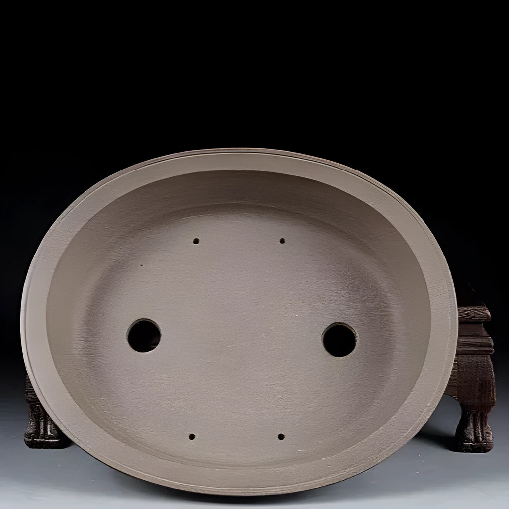 Handmade antique oval purple sand ceramic bonsai pot, 25cm long by 21cm wide.