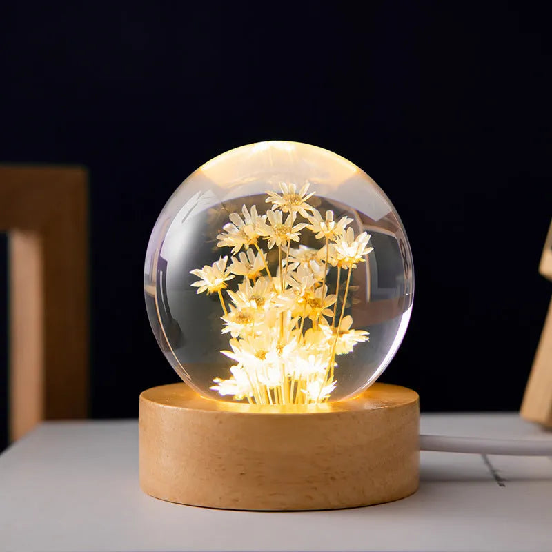 3D dandelion crystal ball USB night light on a beech wood base, 6cm diameter
