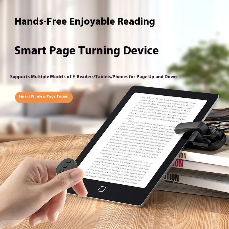 Smart wireless page turner remote control and finger clicker for e-readers in black, white, or pink.