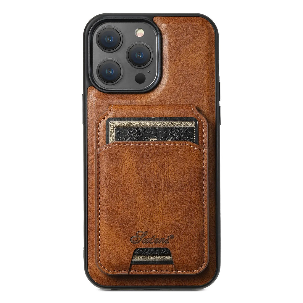 Magnetic card holder phone case with bracket for iPhone in four colours: Black, Brown, Khaki, Red