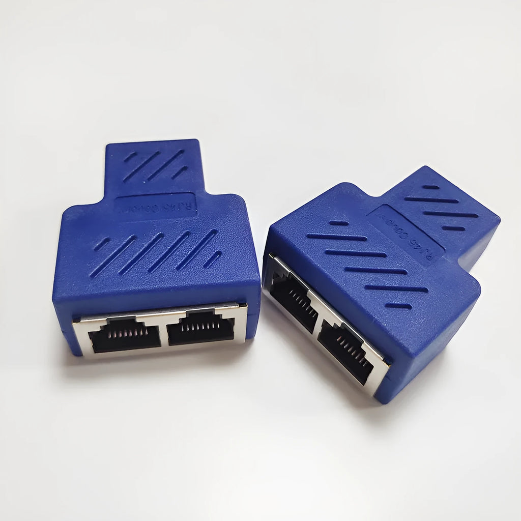RJ45 network cable splitter with three-way tee connector in multiple colour options