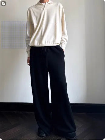 Men's pure wool polo sweater with lapel collar in milky white or navy blue