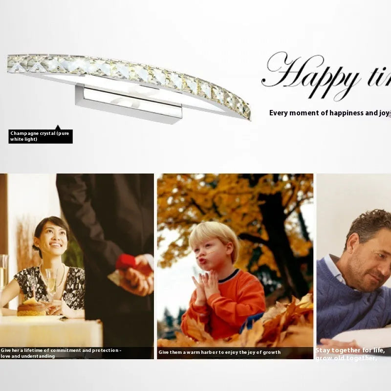LED wall lamp with crystal face mask and stainless steel body, 44cm arc transparent crystal option