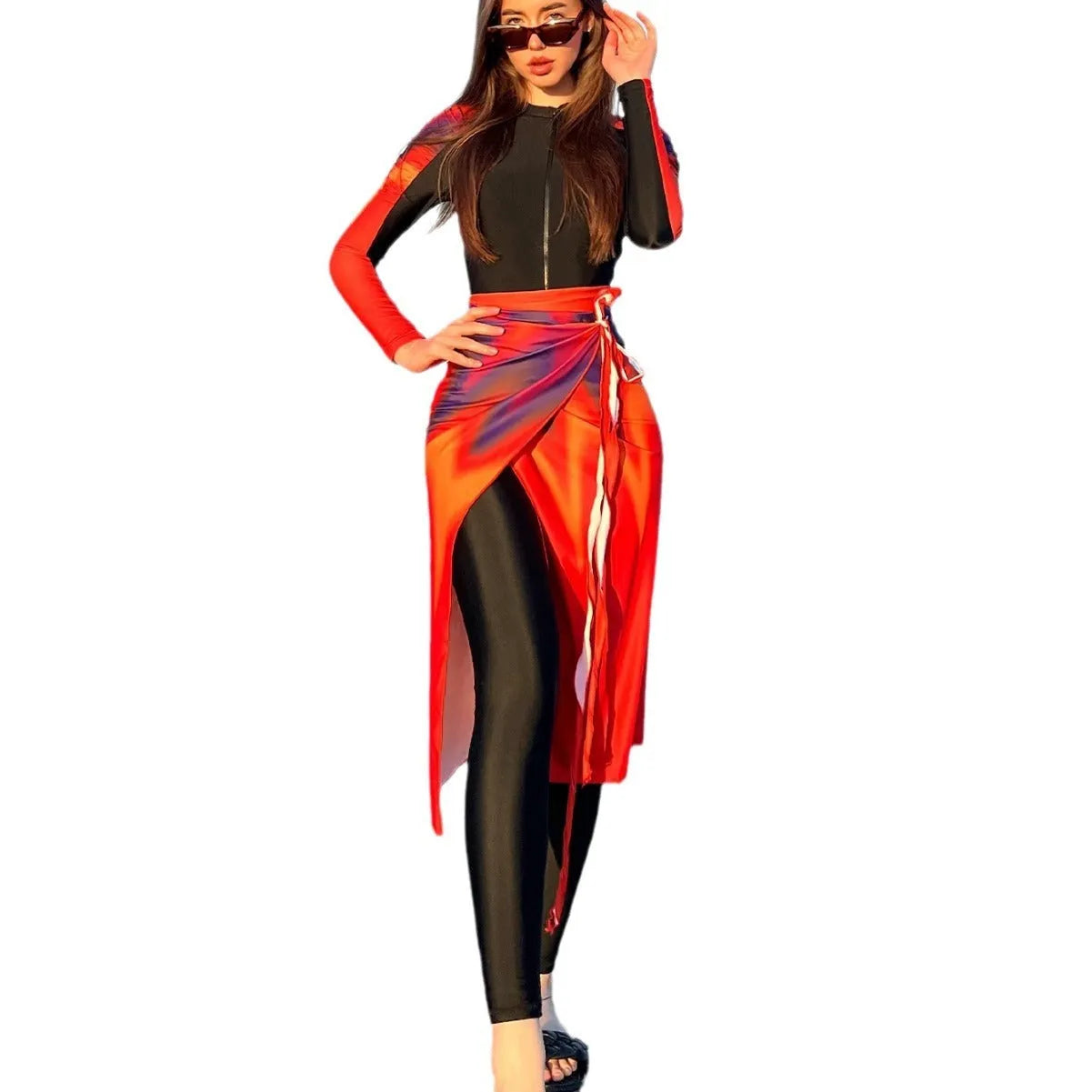 Sun Protection Beach Swimsuit Three-piece Set for Women in Conservative Style Polyester Colour 427