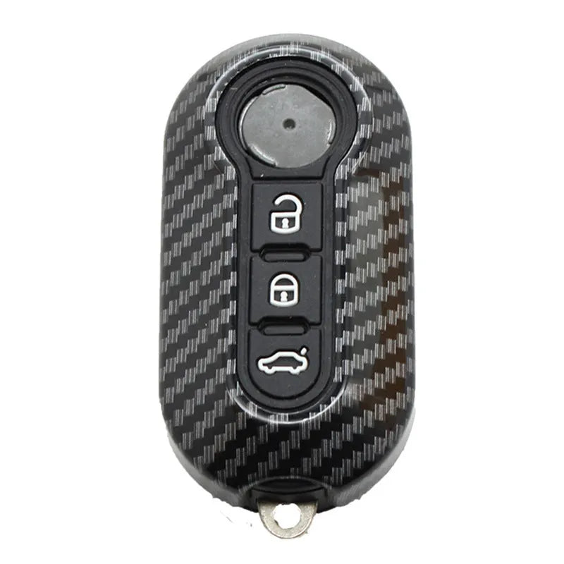 Fiat 500 FYT model car remote key replacement shell in ABS plastic, shown in black, red, and dark blue colour options.