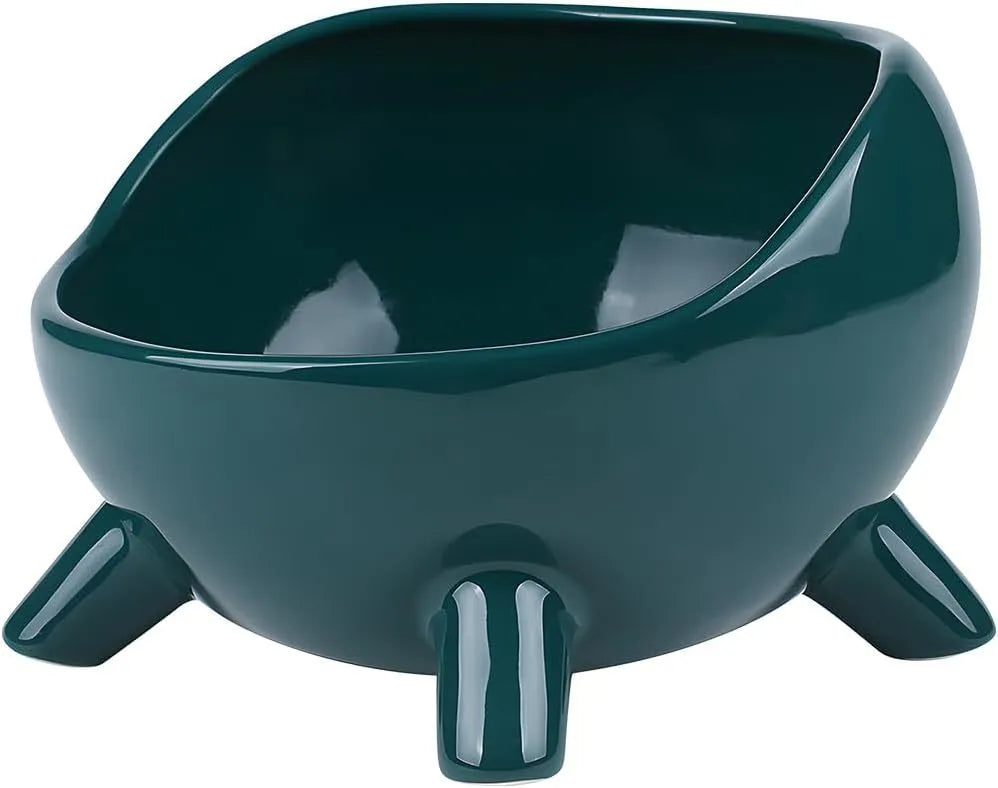 Green ceramic pet food bowl with four legs and wide mouth opening for cats and small dogs