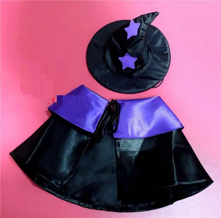 Purple and black satin pet wizard Halloween costume set with cloak and hat for cats and small dogs