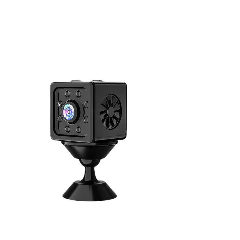 Black cubic K13 remote network sports camera on a mounting bracket with data cable