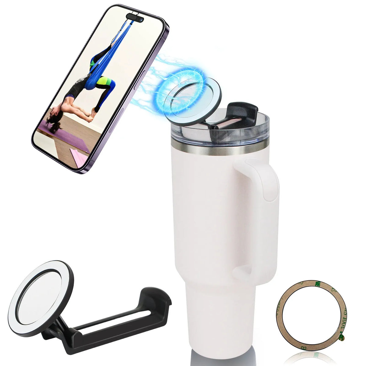 Water cup mobile phone holder in pink, black, or white plastic with magnetic universal bracket design