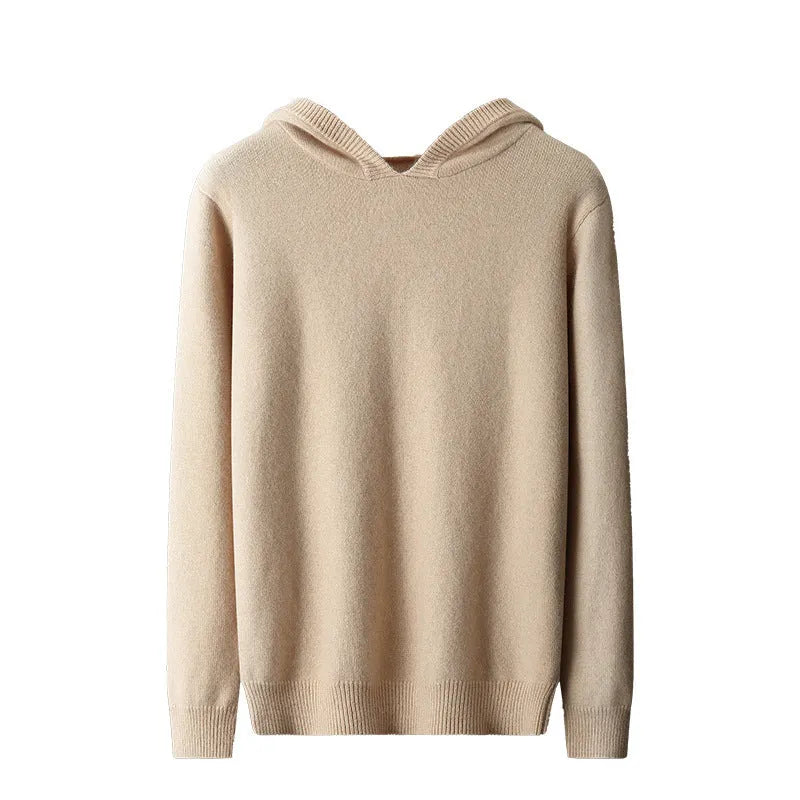 Men's cashmere hooded thickened sweater loose fit long sleeve pullover in solid colour, front view