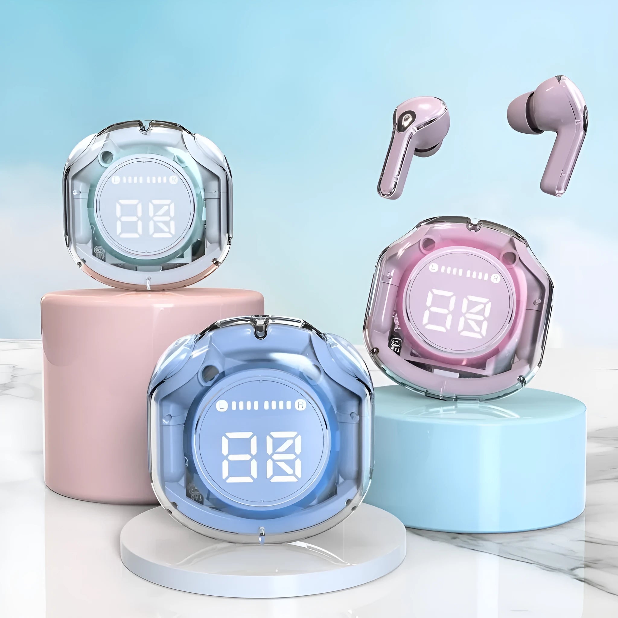 Transparent wireless Bluetooth in-ear headset shown in multiple colour options.