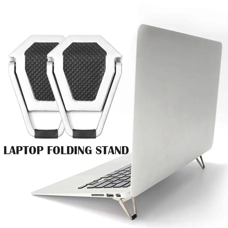 Small foldable aluminium alloy laptop bracket in silver, shown next to 3M adhesive strips for mounting.