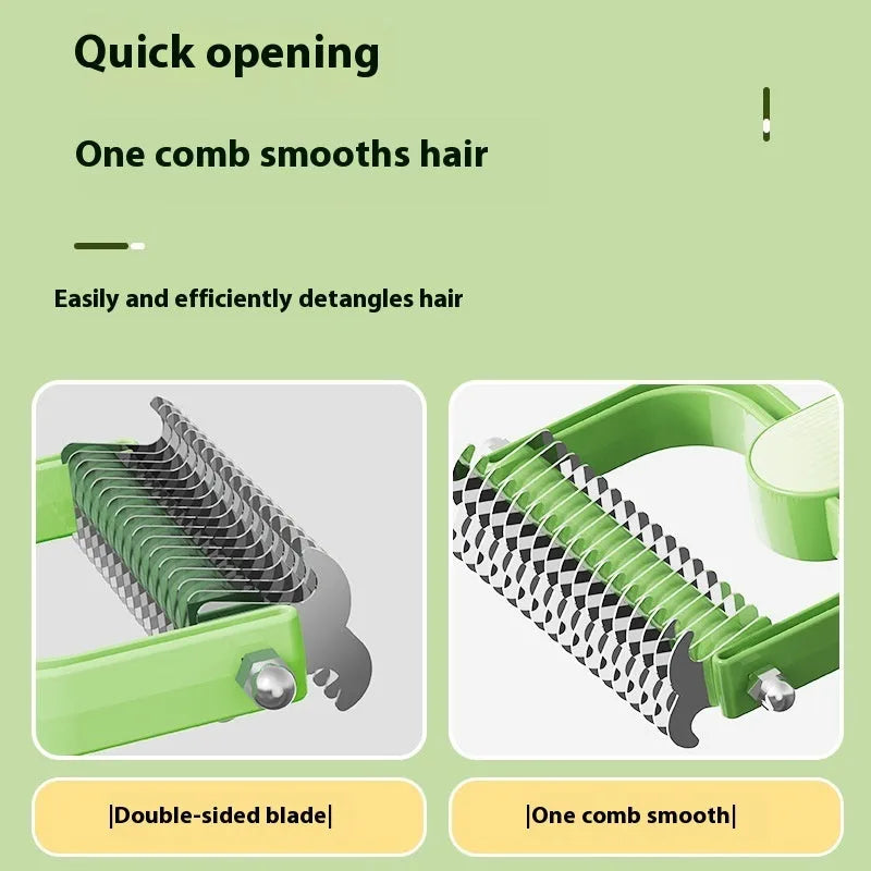 Green and grey dog detangling comb with stainless steel pins on a plastic handle, shown in small and large sizes.